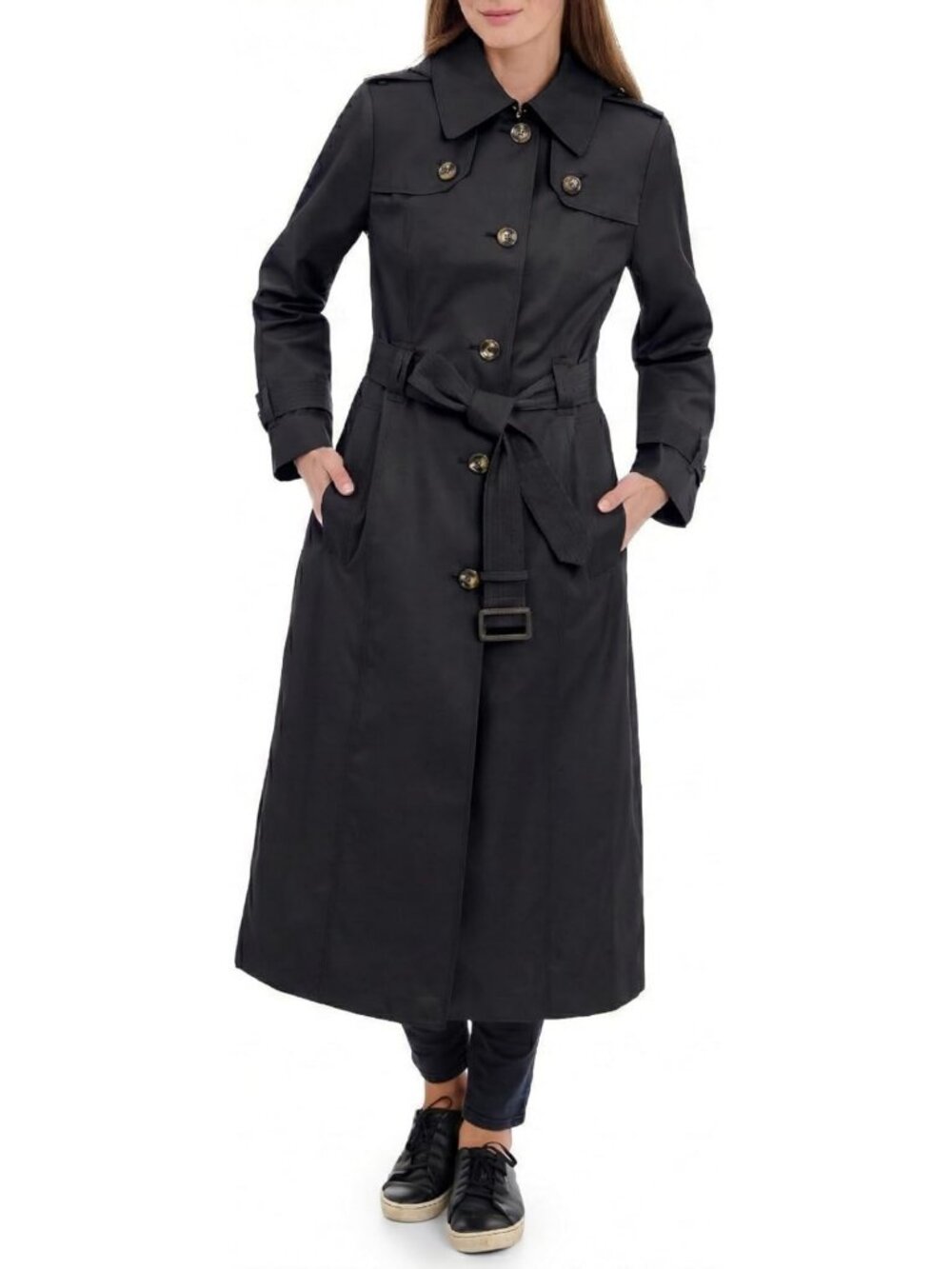 Chic Women's Long Trench Coat with Epaulettes & Belt - Stylish Outerwear for All